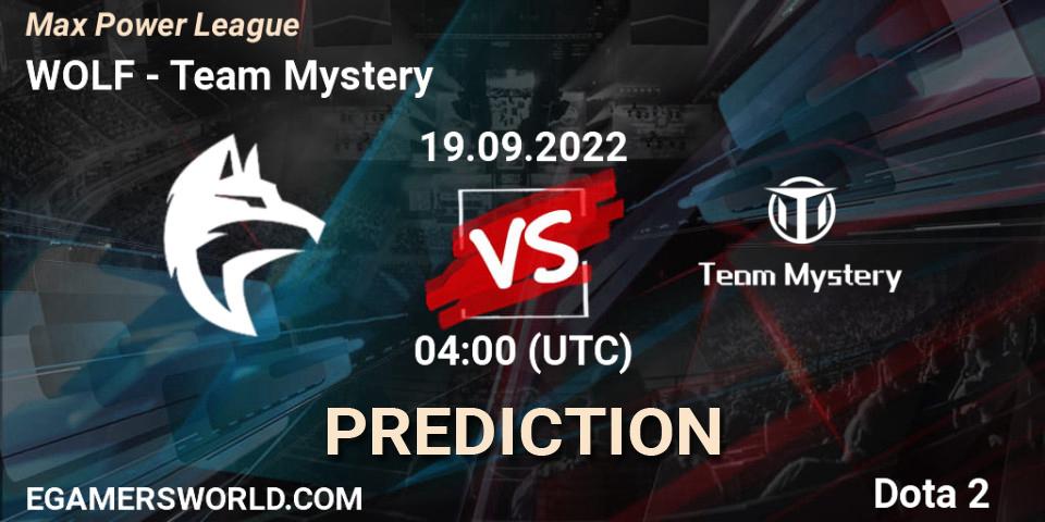 Prognose für das Spiel WOLF VS Team Mystery. 19.09.2022 at 03:58. Dota 2 - Max Power League