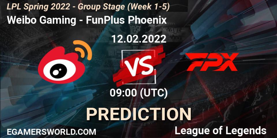 Prognose für das Spiel Weibo Gaming VS FunPlus Phoenix. 12.02.2022 at 09:00. LoL - LPL Spring 2022 - Group Stage (Week 1-5)