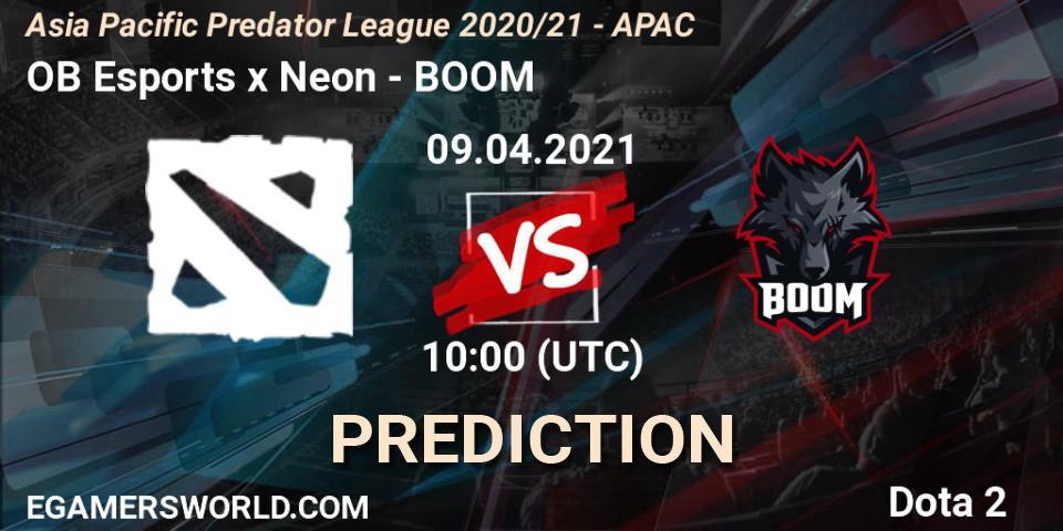 Prognose für das Spiel OB Esports x Neon VS BOOM. 09.04.2021 at 09:09. Dota 2 - Asia Pacific Predator League 2020/21 - APAC