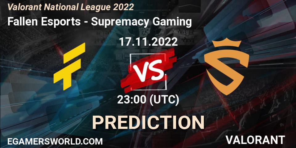 Prognose für das Spiel Fallen Esports VS Supremacy Gaming. 17.11.22. VALORANT - Valorant National League 2022