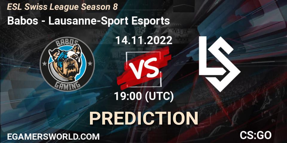 Prognose für das Spiel Babos VS Lausanne-Sport Esports. 14.11.2022 at 19:00. Counter-Strike (CS2) - ESL Swiss League Season 8