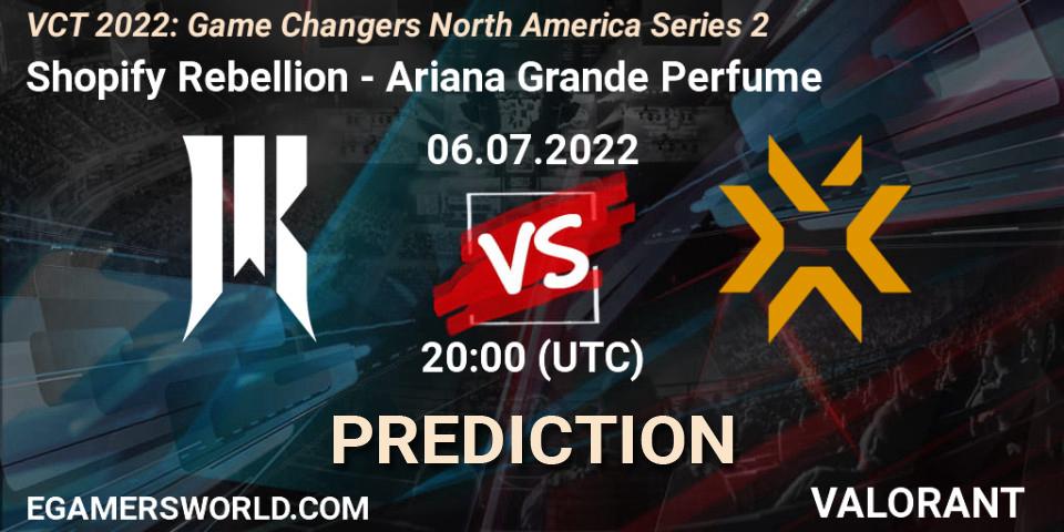 Prognose für das Spiel Shopify Rebellion VS Ariana Grande Perfume. 06.07.2022 at 20:10. VALORANT - VCT 2022: Game Changers North America Series 2