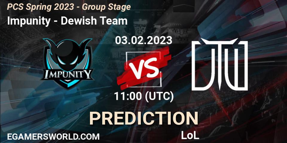 Prognose für das Spiel Impunity VS Dewish Team. 03.02.2023 at 11:40. LoL - PCS Spring 2023 - Group Stage