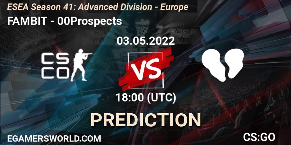 Prognose für das Spiel FAMBIT VS 00Prospects. 03.05.2022 at 18:00. Counter-Strike (CS2) - ESEA Season 41: Advanced Division - Europe