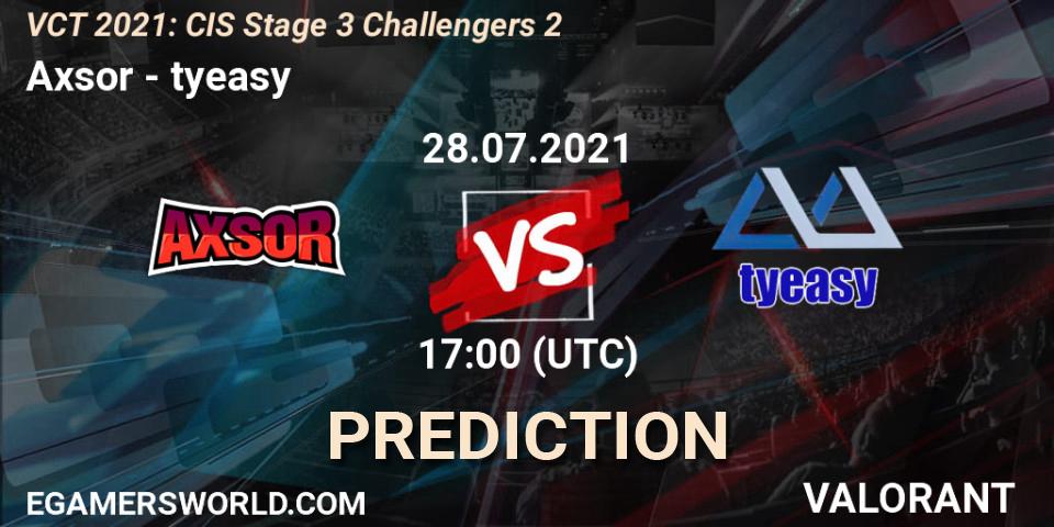 Prognose für das Spiel Axsor VS tyeasy. 28.07.2021 at 17:00. VALORANT - VCT 2021: CIS Stage 3 Challengers 2