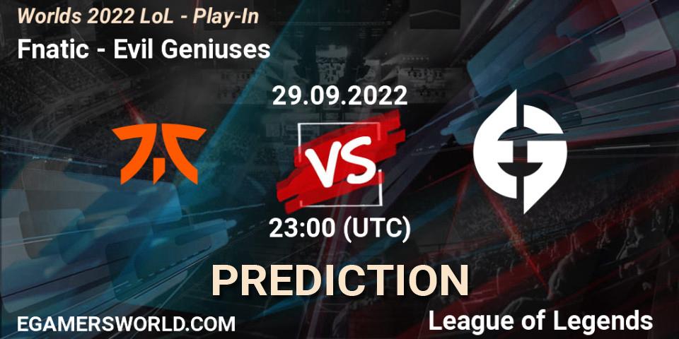 Prognose für das Spiel Fnatic VS Evil Geniuses. 29.09.2022 at 22:30. LoL - Worlds 2022 LoL - Play-In