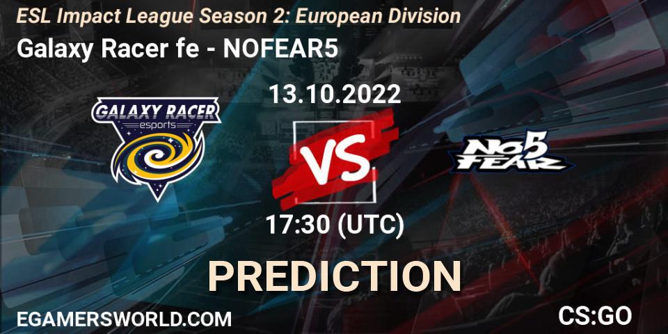 Prognose für das Spiel Galaxy Racer fe VS NOFEAR5. 13.10.2022 at 17:30. Counter-Strike (CS2) - ESL Impact League Season 2: European Division