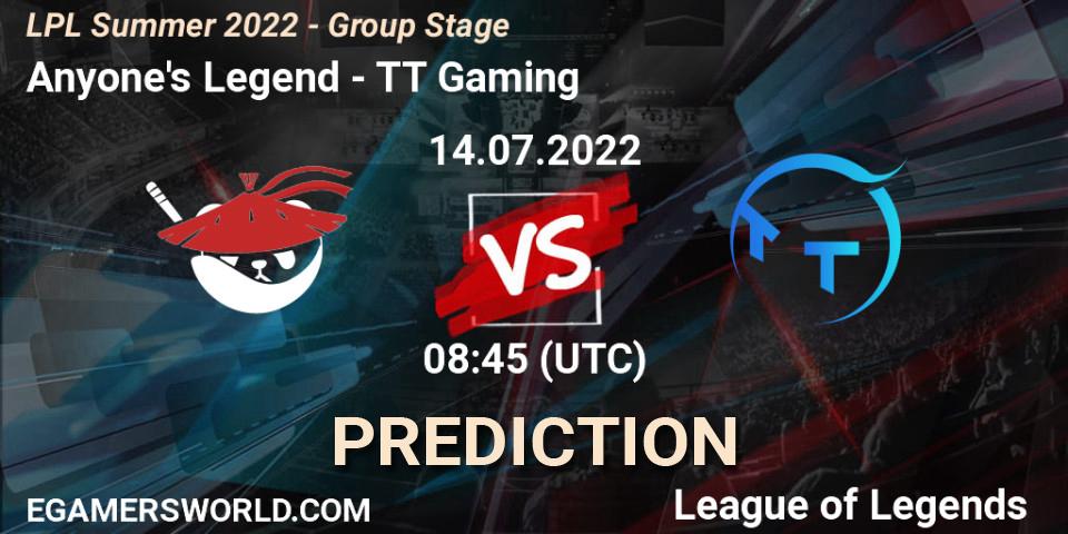 Prognose für das Spiel Anyone's Legend VS TT Gaming. 14.07.22. LoL - LPL Summer 2022 - Group Stage