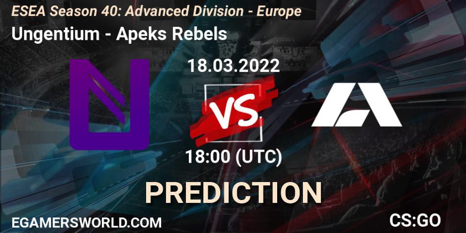 Prognose für das Spiel Ungentium VS Apeks Rebels. 18.03.2022 at 18:00. Counter-Strike (CS2) - ESEA Season 40: Advanced Division - Europe