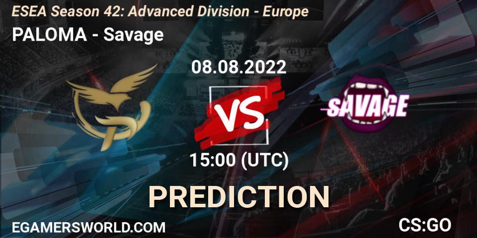 Prognose für das Spiel PALOMA VS Savage. 08.08.2022 at 15:00. Counter-Strike (CS2) - ESEA Season 42: Advanced Division - Europe