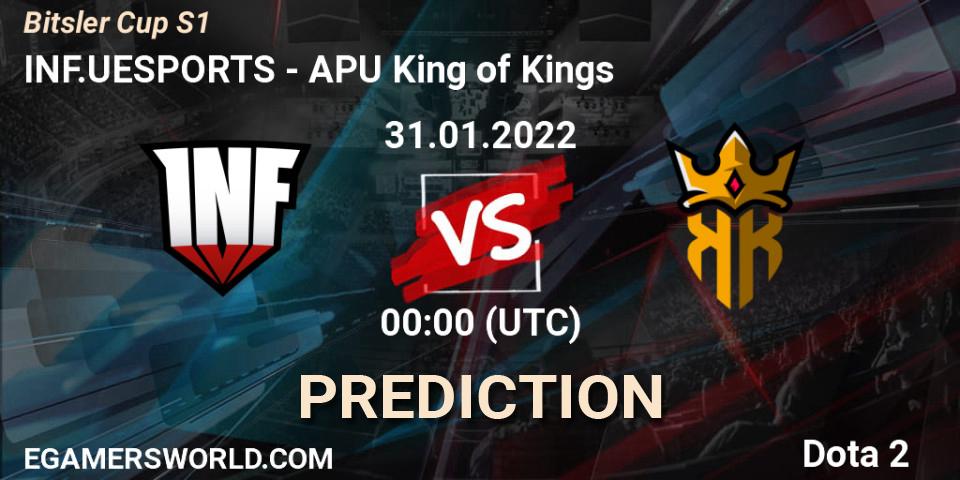 Prognose für das Spiel INF.UESPORTS VS APU King of Kings. 30.01.2022 at 21:05. Dota 2 - Bitsler Cup S1