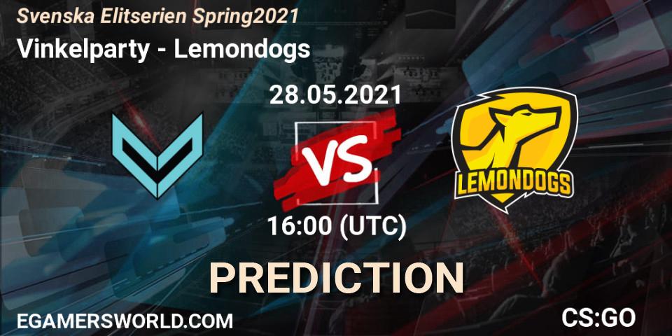 Prognose für das Spiel Vinkelparty VS Lemondogs. 28.05.2021 at 16:10. Counter-Strike (CS2) - Svenska Elitserien Spring 2021