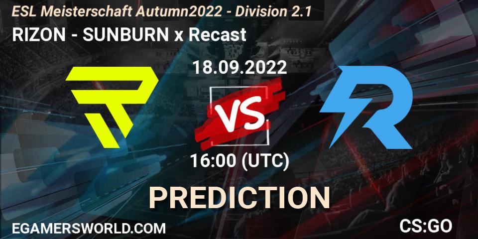 Prognose für das Spiel RIZON VS SUNBURN x Recast. 18.09.2022 at 16:00. Counter-Strike (CS2) - ESL Meisterschaft Autumn 2022 - Division 2.1