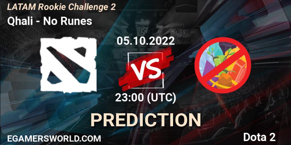 Prognose für das Spiel Qhali VS No Runes. 05.10.2022 at 22:21. Dota 2 - LATAM Rookie Challenge 2