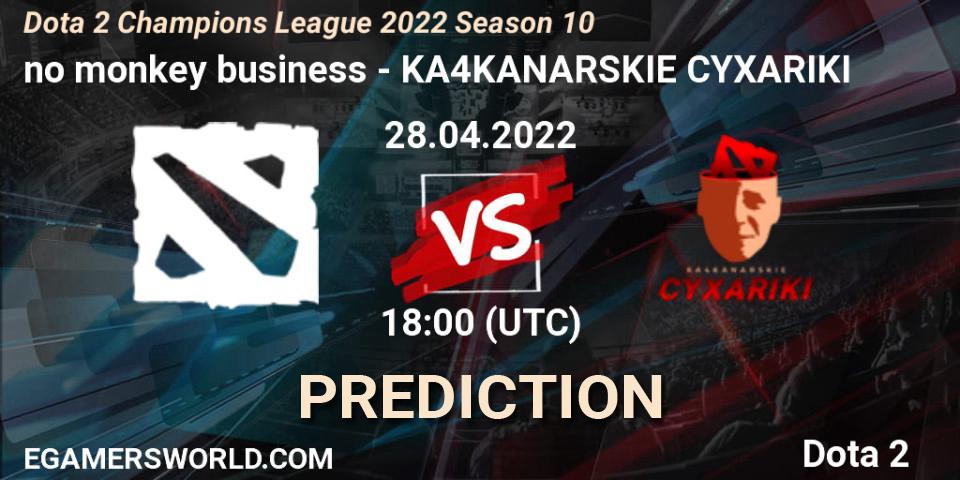 Prognose für das Spiel no monkey business VS KA4KANARSKIE CYXARIKI. 28.04.2022 at 18:02. Dota 2 - Dota 2 Champions League 2022 Season 10 