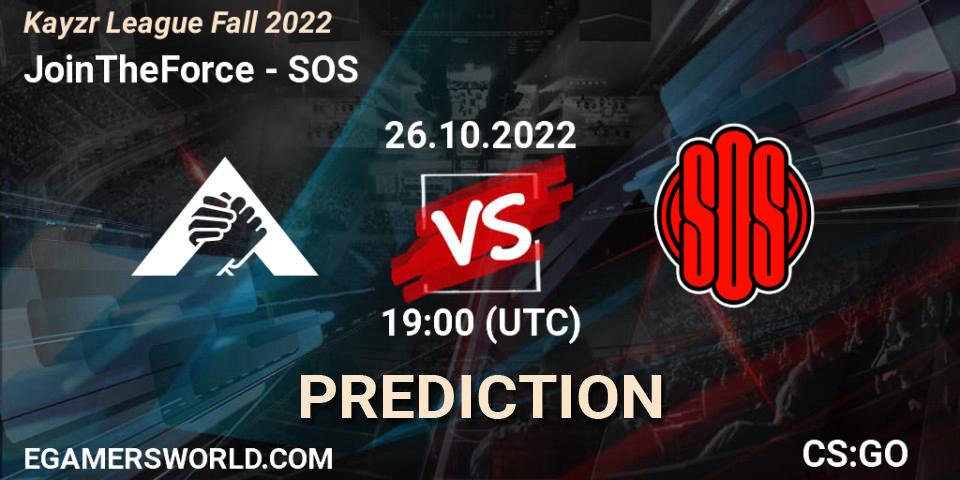 Prognose für das Spiel JoinTheForce VS SOS. 26.10.2022 at 19:00. Counter-Strike (CS2) - Kayzr League Fall 2022
