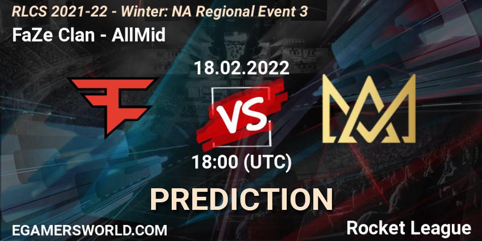 Prognose für das Spiel FaZe Clan VS AllMid. 18.02.2022 at 18:00. Rocket League - RLCS 2021-22 - Winter: NA Regional Event 3