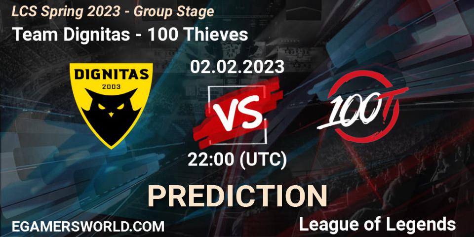 Prognose für das Spiel Team Dignitas VS 100 Thieves. 03.02.2023 at 00:00. LoL - LCS Spring 2023 - Group Stage