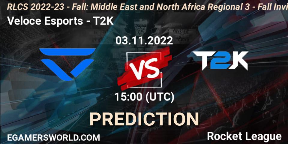 Prognose für das Spiel Veloce Esports VS T2K. 03.11.22. Rocket League - RLCS 2022-23 - Fall: Middle East and North Africa Regional 3 - Fall Invitational