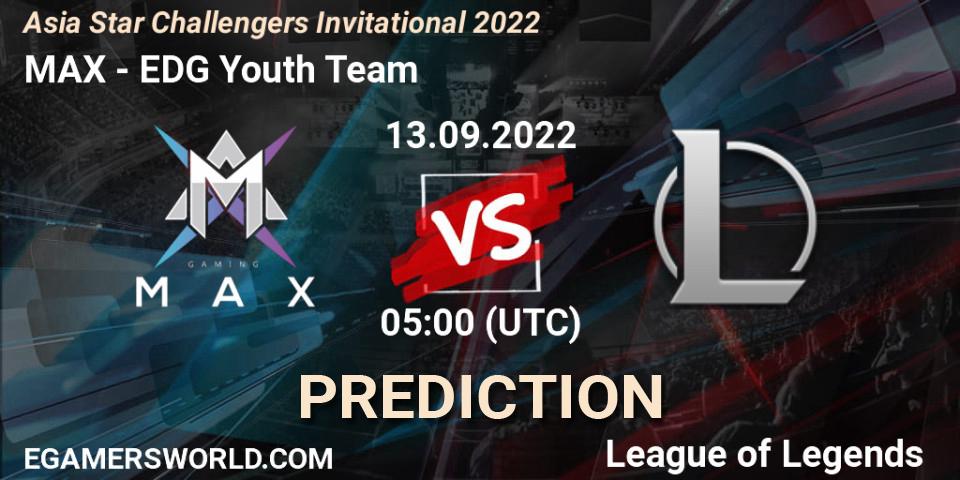 Prognose für das Spiel MAX VS EDward Gaming Youth Team. 13.09.2022 at 05:00. LoL - Asia Star Challengers Invitational 2022