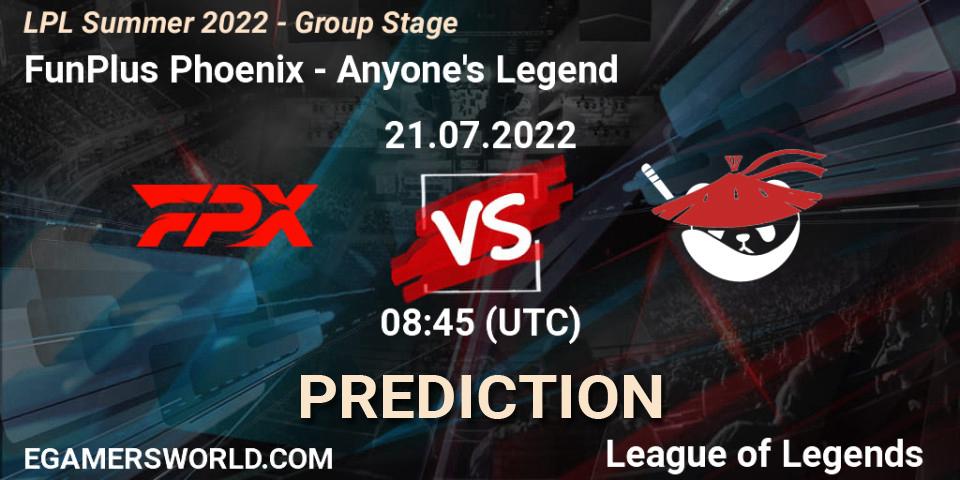 Prognose für das Spiel FunPlus Phoenix VS Anyone's Legend. 21.07.22. LoL - LPL Summer 2022 - Group Stage
