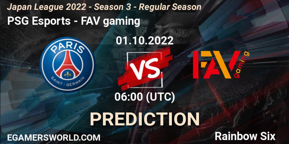 Prognose für das Spiel PSG Esports VS FAV gaming. 01.10.2022 at 06:00. Rainbow Six - Japan League 2022 - Season 3 - Regular Season