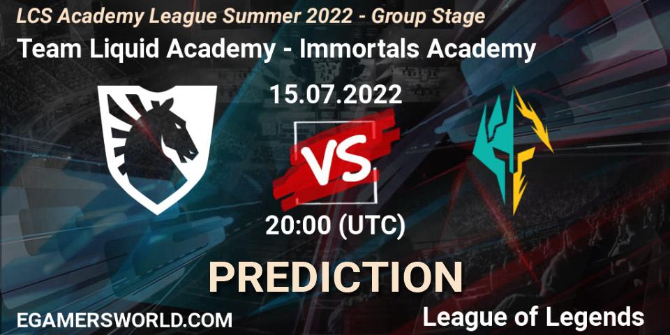 Prognose für das Spiel Team Liquid Academy VS Immortals Academy. 15.07.2022 at 20:00. LoL - LCS Academy League Summer 2022 - Group Stage