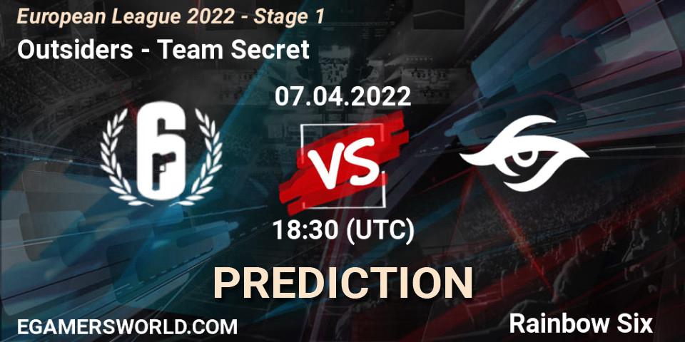 Prognose für das Spiel Outsiders VS Team Secret. 07.04.2022 at 16:00. Rainbow Six - European League 2022 - Stage 1