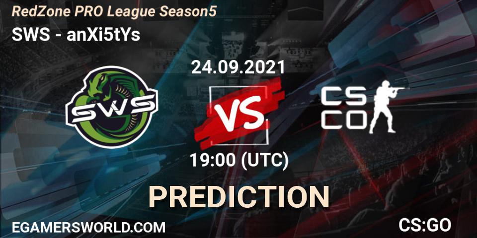 Prognose für das Spiel SWS VS anXi5tYs. 24.09.2021 at 17:30. Counter-Strike (CS2) - RedZone PRO League Season 5