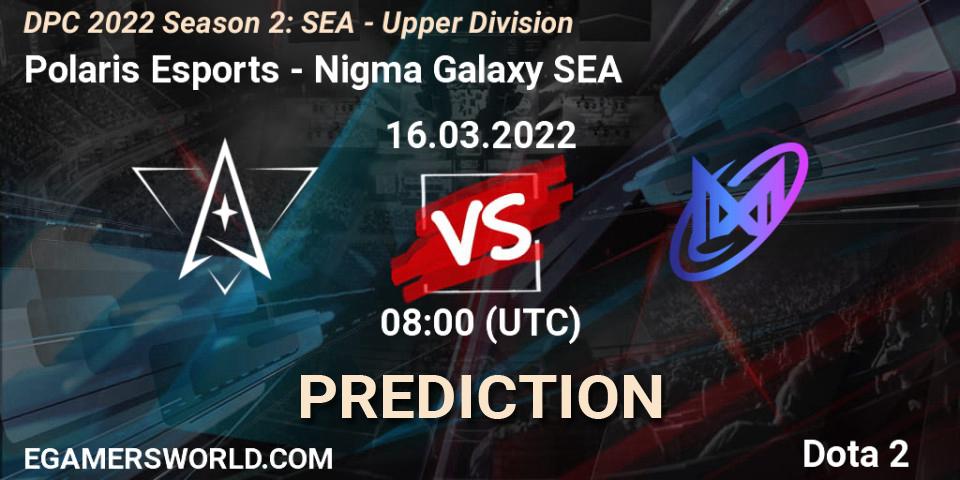 Prognose für das Spiel Polaris Esports VS Nigma Galaxy SEA. 16.03.2022 at 07:20. Dota 2 - DPC 2021/2022 Tour 2 (Season 2): SEA Division I (Upper)