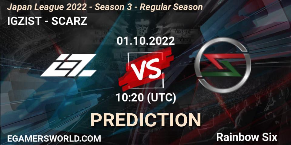 Prognose für das Spiel IGZIST VS SCARZ. 01.10.2022 at 10:20. Rainbow Six - Japan League 2022 - Season 3 - Regular Season
