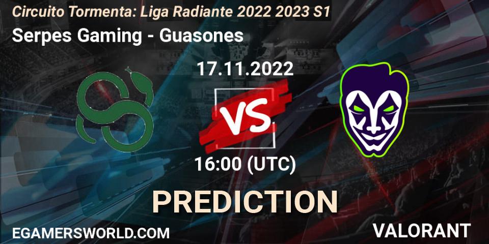 Prognose für das Spiel Serpes Gaming VS Guasones. 24.11.2022 at 18:00. VALORANT - Circuito Tormenta: Liga Radiante 2022 2023 S1