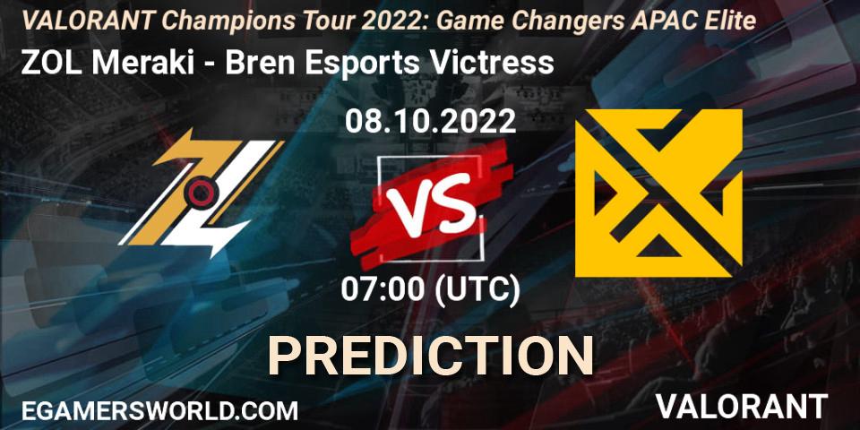 Prognose für das Spiel ZOL Meraki VS Bren Esports Victress. 08.10.2022 at 08:30. VALORANT - VCT 2022: Game Changers APAC Elite
