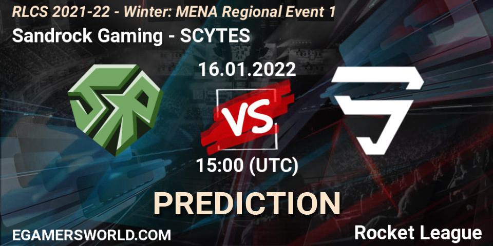 Prognose für das Spiel Sandrock Gaming VS SCYTES. 16.01.2022 at 15:00. Rocket League - RLCS 2021-22 - Winter: MENA Regional Event 1