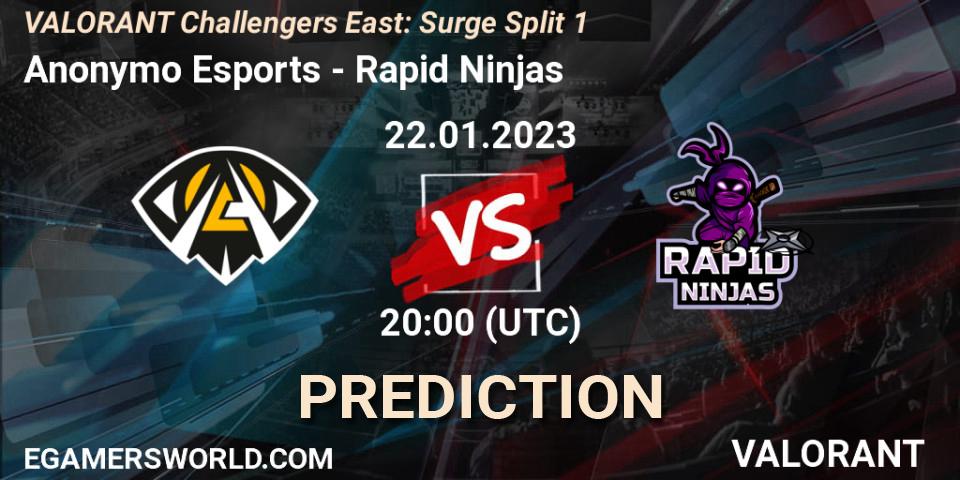 Prognose für das Spiel Anonymo Esports VS Rapid Ninjas. 22.01.2023 at 20:40. VALORANT - VALORANT Challengers 2023 East: Surge Split 1