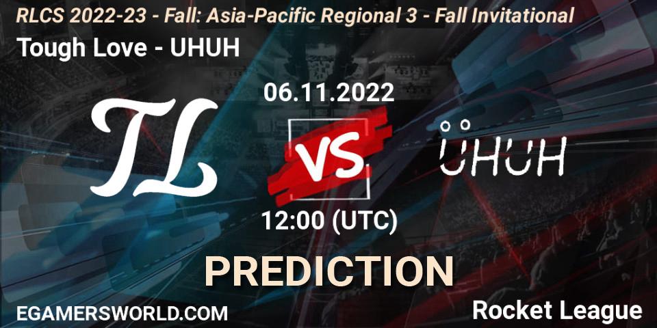 Prognose für das Spiel Tough Love VS UHUH. 06.11.2022 at 12:00. Rocket League - RLCS 2022-23 - Fall: Asia-Pacific Regional 3 - Fall Invitational