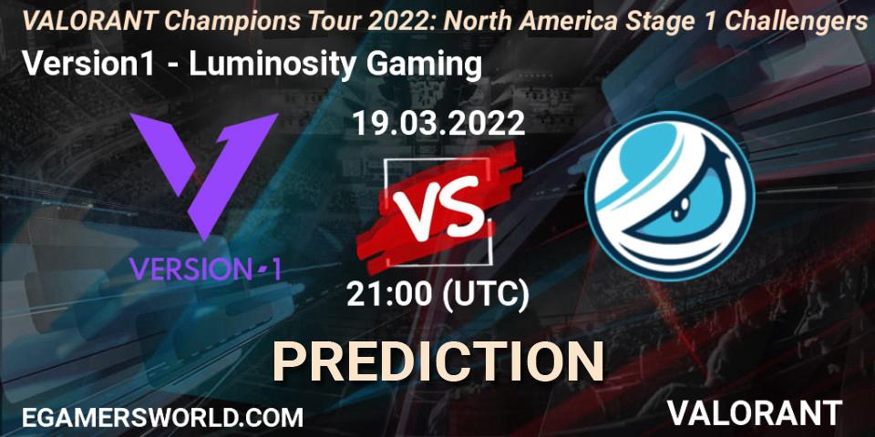 Prognose für das Spiel Version1 VS Luminosity Gaming. 18.03.2022 at 20:10. VALORANT - VCT 2022: North America Stage 1 Challengers