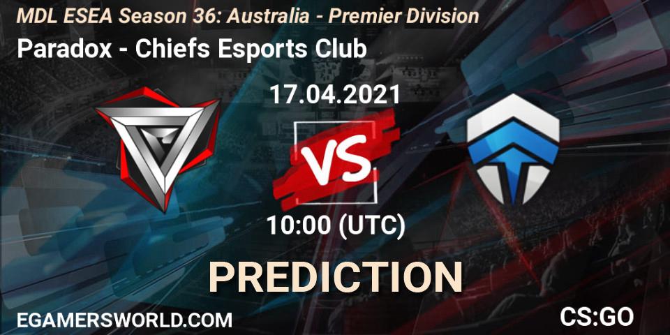 Prognose für das Spiel Paradox VS Chiefs Esports Club. 17.04.21. CS2 (CS:GO) - MDL ESEA Season 36: Australia - Premier Division