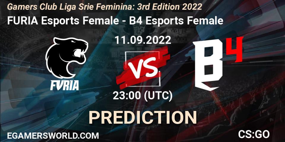 Prognose für das Spiel FURIA Esports Female VS B4 Esports Female. 11.09.2022 at 23:00. Counter-Strike (CS2) - Gamers Club Liga Série Feminina: 3rd Edition 2022