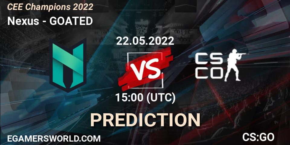 Prognose für das Spiel Nexus VS GOATED. 22.05.2022 at 15:00. Counter-Strike (CS2) - CEE Champions 2022