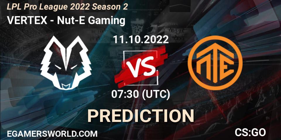 Prognose für das Spiel VERTEX VS Nut-E Gaming. 11.10.2022 at 07:30. Counter-Strike (CS2) - LPL Pro League 2022 Season 2
