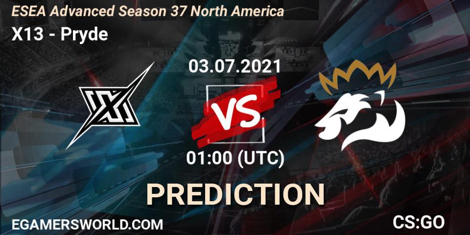 Prognose für das Spiel X13 VS Pryde. 03.07.2021 at 01:00. Counter-Strike (CS2) - ESEA Advanced Season 37 North America
