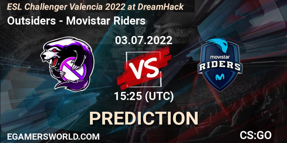 Prognose für das Spiel Outsiders VS Movistar Riders. 03.07.2022 at 15:25. Counter-Strike (CS2) - ESL Challenger Valencia 2022 at DreamHack