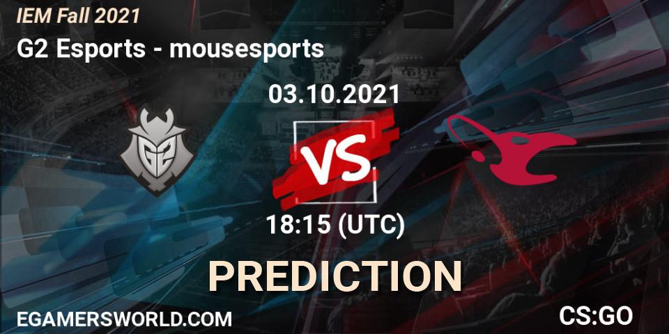 Prognose für das Spiel G2 Esports VS mousesports. 03.10.21. CS2 (CS:GO) - IEM Fall 2021: Europe RMR