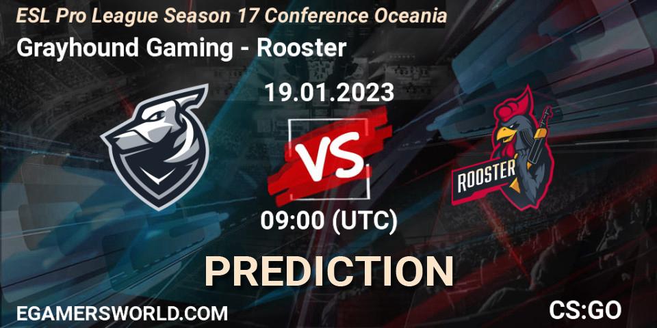 Prognose für das Spiel Grayhound Gaming VS Rooster. 19.01.2023 at 09:00. Counter-Strike (CS2) - ESL Pro League Season 17 Conference Oceania