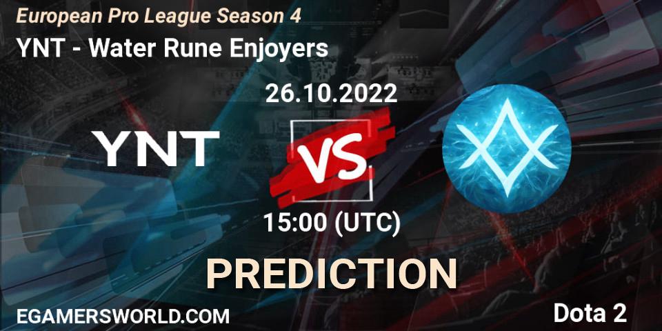 Prognose für das Spiel YNT VS Water Rune Enjoyers. 26.10.2022 at 15:05. Dota 2 - European Pro League Season 4