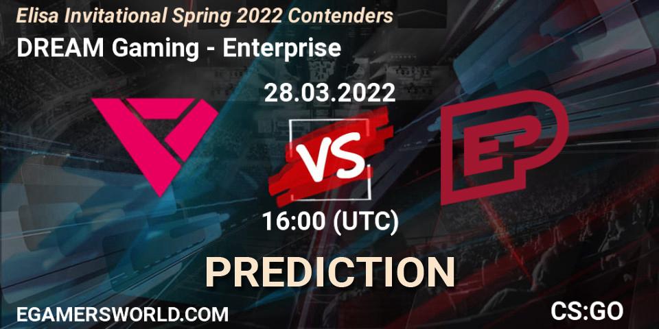 Prognose für das Spiel DREAM Gaming VS Enterprise. 28.03.2022 at 16:30. Counter-Strike (CS2) - Elisa Invitational Spring 2022 Contenders