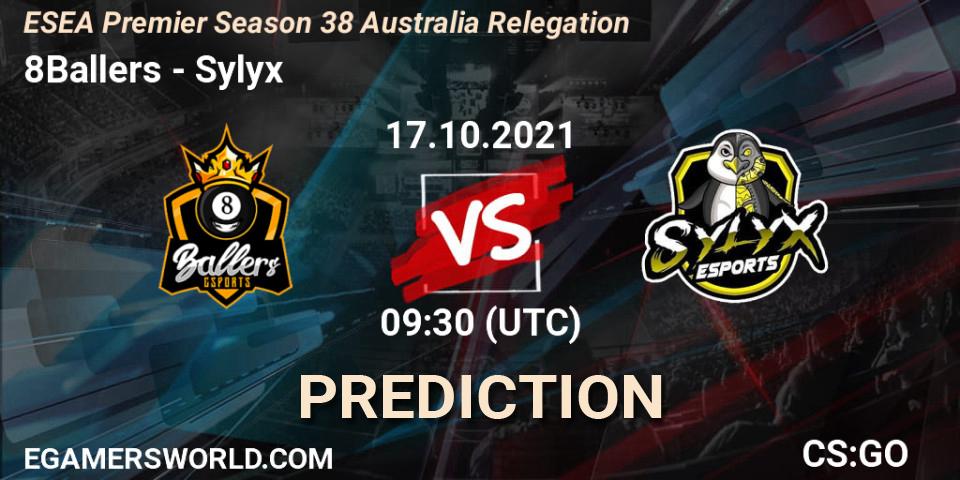 Prognose für das Spiel 8Ballers VS Sylyx. 17.10.2021 at 09:30. Counter-Strike (CS2) - ESEA Premier Season 38 Australia Relegation