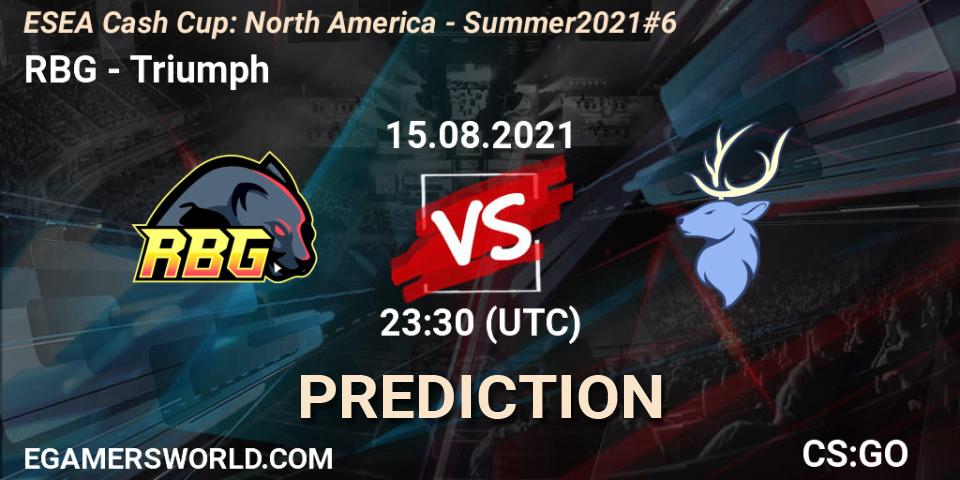 Prognose für das Spiel RBG VS Triumph. 15.08.2021 at 23:30. Counter-Strike (CS2) - ESEA Cash Cup: North America - Summer 2021 #6