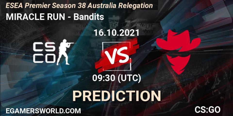 Prognose für das Spiel MIRACLE RUN VS Bandits. 16.10.2021 at 09:30. Counter-Strike (CS2) - ESEA Premier Season 38 Australia Relegation
